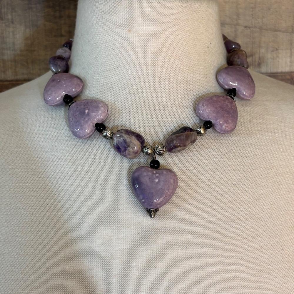 Amethyst Heart Bead Necklace Purple Natural Stone Toggle Clasp